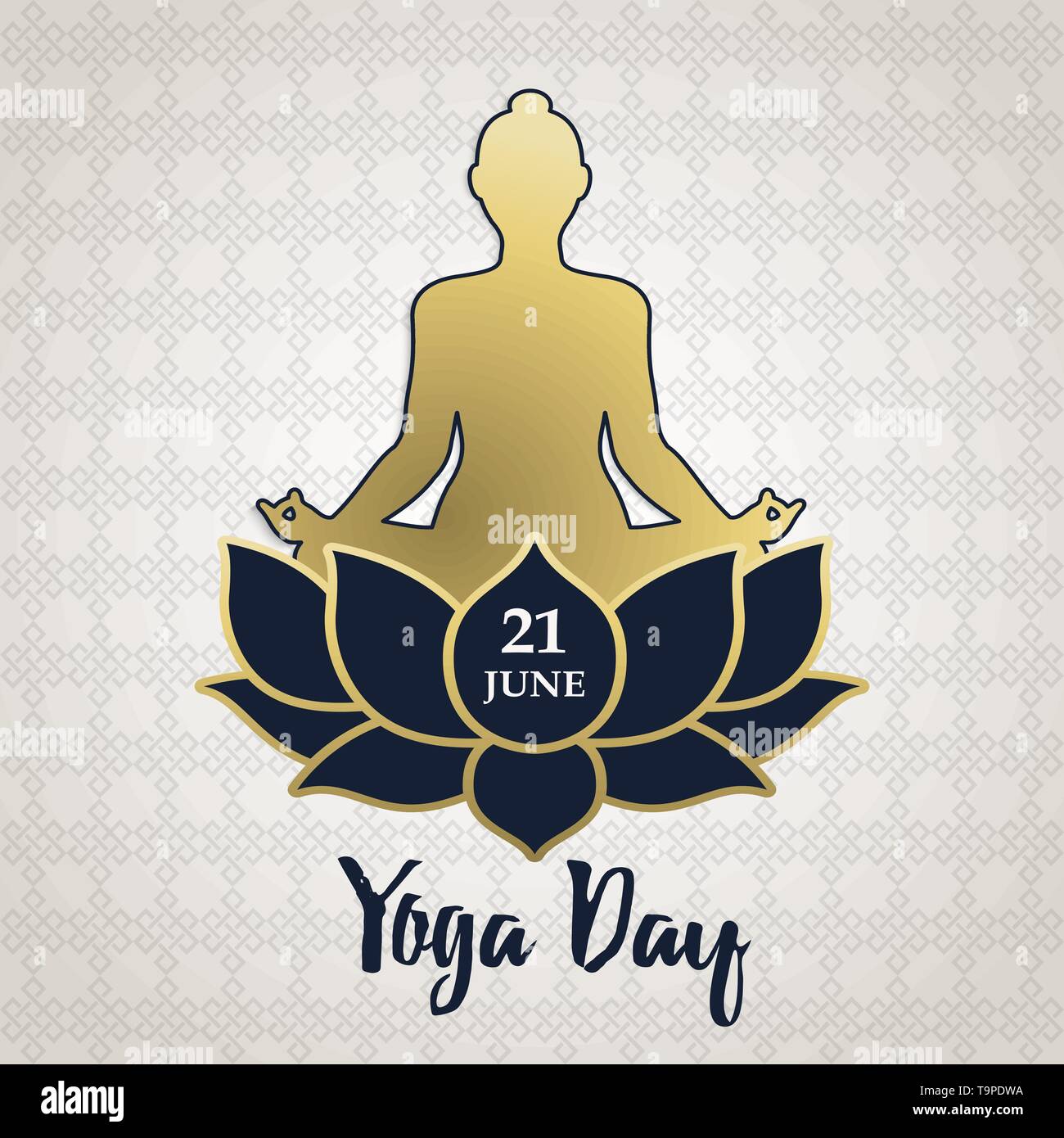 Yoga Tag Grußkarte Abbildung: Gold die Menschen in Lotus silhouette Pose mit Blume. Meditation und Entspannung. Stock Vektor