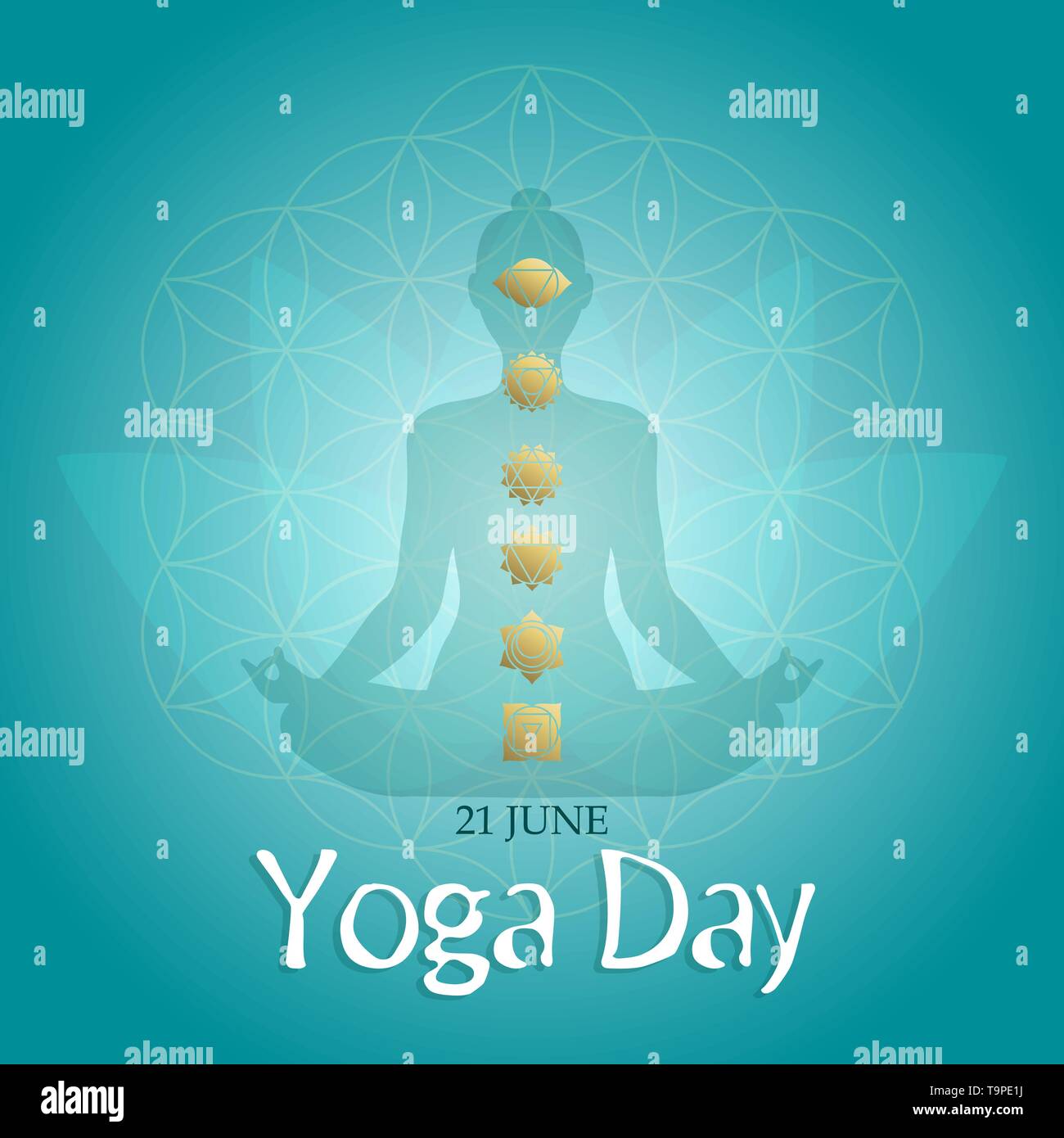 Yoga Tag Grußkarte Illustration für meditationsübung Konzept mit person Silhouette im Lotussitz und Gold chakra Symbole. Stock Vektor