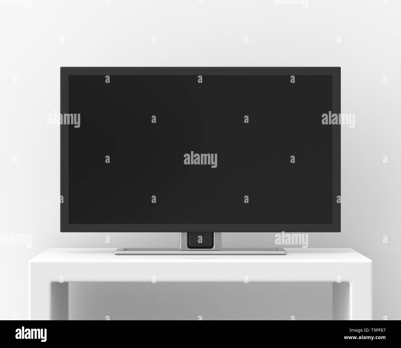 28 Zoll Breitbild-TV auf einem weißen gegen eine weiße Wand. 3D-Render. Vorderansicht. Home Interiors Serie. Stockfoto 28 Zoll Breitbild-TV auf einem weißen gegen eine weiße Wand. 3D-Render. Vorderansicht. Home Interiors Serie. Stockfoto