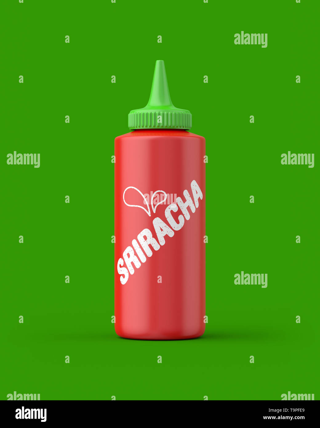 Sriracha Quetschflasche auf grünem Hintergrund. 3D-Render. Vorderansicht. Konzeptionelle Szenen der Serie. Stockfoto