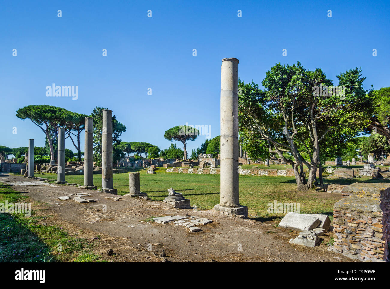 Spalten im Forum der archäologischen Stätte der römischen Siedlung von Ostia Antica, den alten Hafen der Stadt Rom, Provinz Roma, Laz Stockfoto
