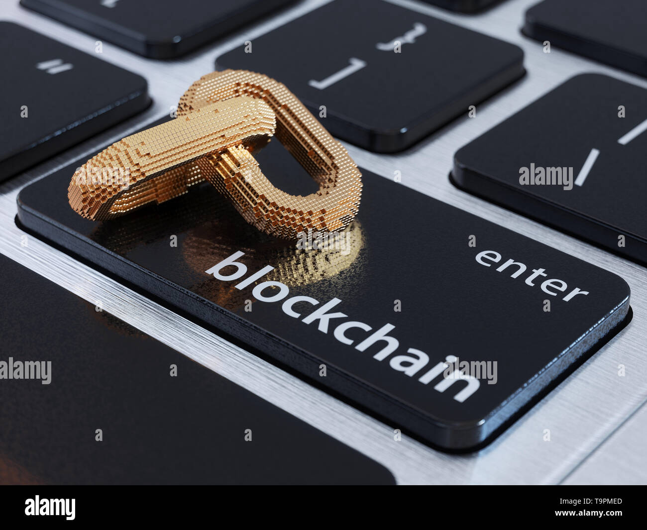Blockchain digitalen Kette mit Bausteinen Verbindung Form. Big Box data Node base Konzept. Neue Technologie Konzept. Blockchain Kette Symbol auf dem Computer lapto Stockfoto