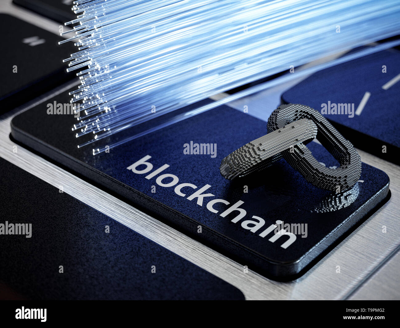 Blockchain digitalen Kette mit Bausteinen Verbindung Form. Big Box data Node base Konzept. Neue Technologie Konzept. Blockchain Kette Symbol auf dem Computer lapto Stockfoto