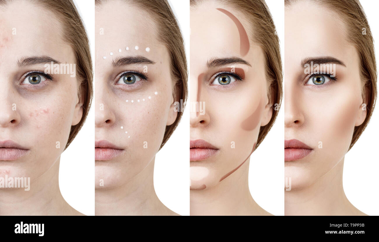 Collage von Frau Anwendung Make-up Schritt für Schritt. Stockfoto