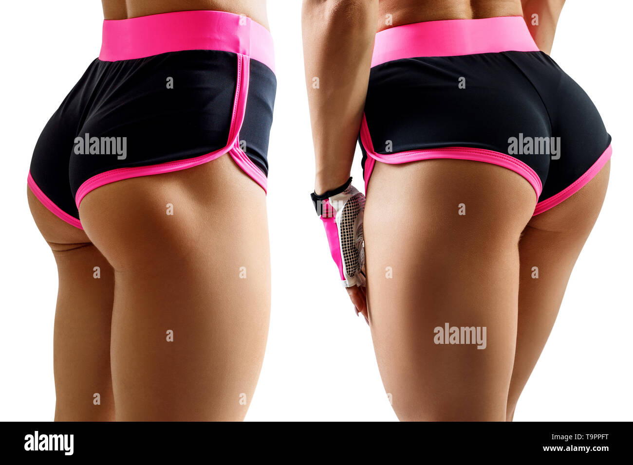 Collage der athletische Frau demonstriert ihre perfekte muskulösen Pobacken. Stockfoto