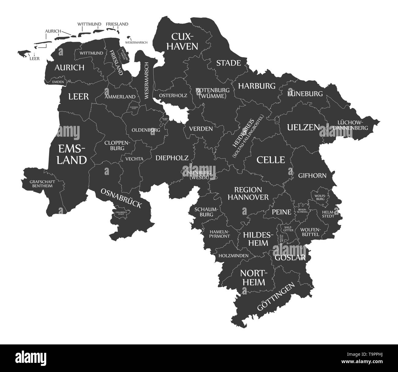 Moderne Karte - Niedersachsen Deutschlandkarte mit Landkreisen und Etiketten schwarz Stockfoto