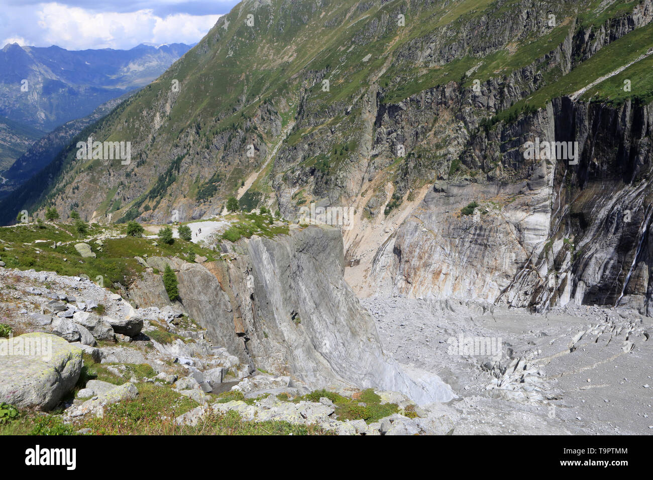 Glacier d'Argentière. Roche poncée par la glace. La zone Blanchie entsprechen à la crue glaciaire des années 1960/1990. Argentière. Haute-Savoie. Franc Stockfoto