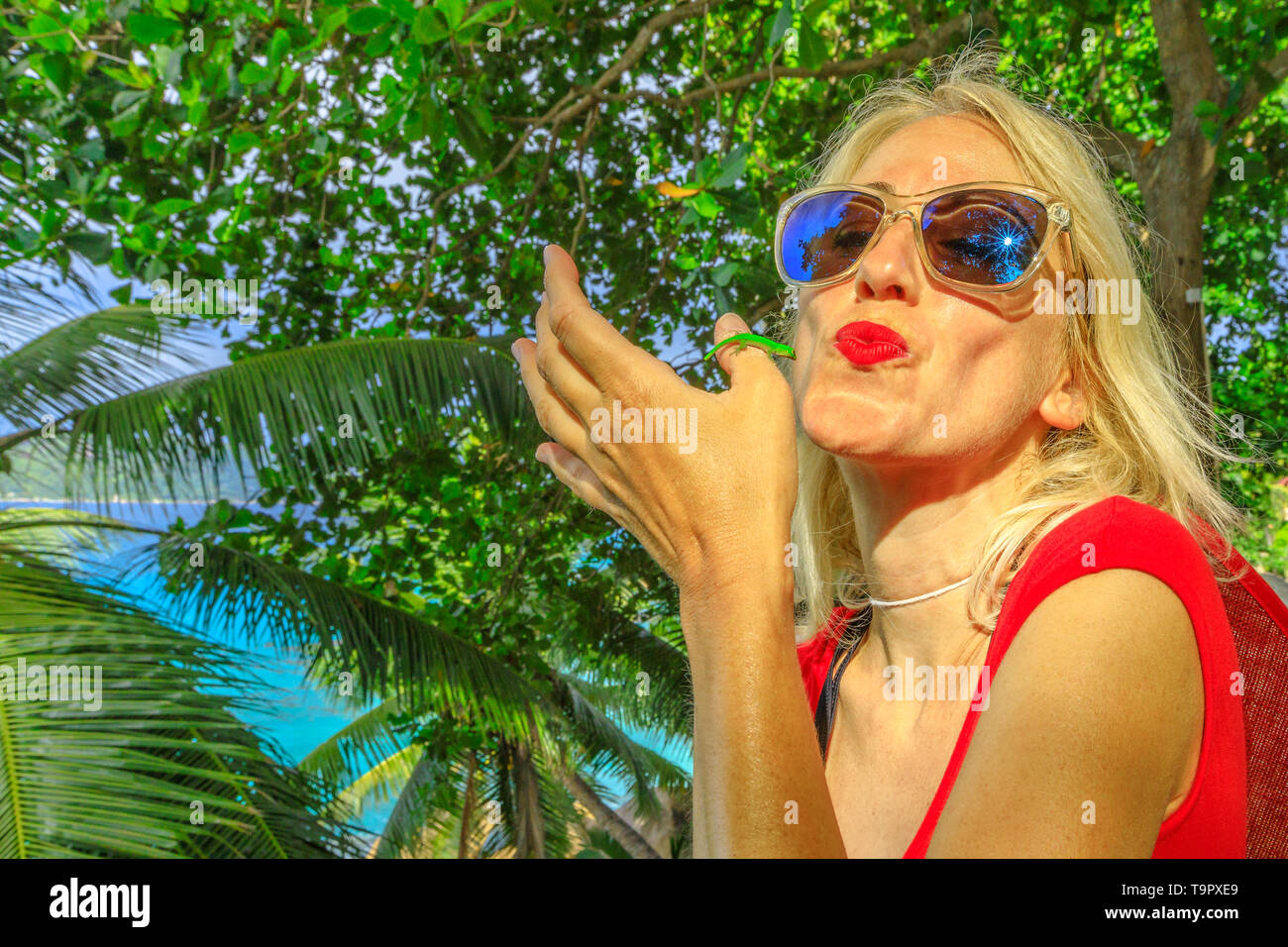 Kaukasische touristische Frau küssen eine niedliche Phelsuma sundbergi namens La Digue Taggecko auf ihre Hand auf den Seychellen. Blonde Frau genießt mit einer Eidechse Stockfoto