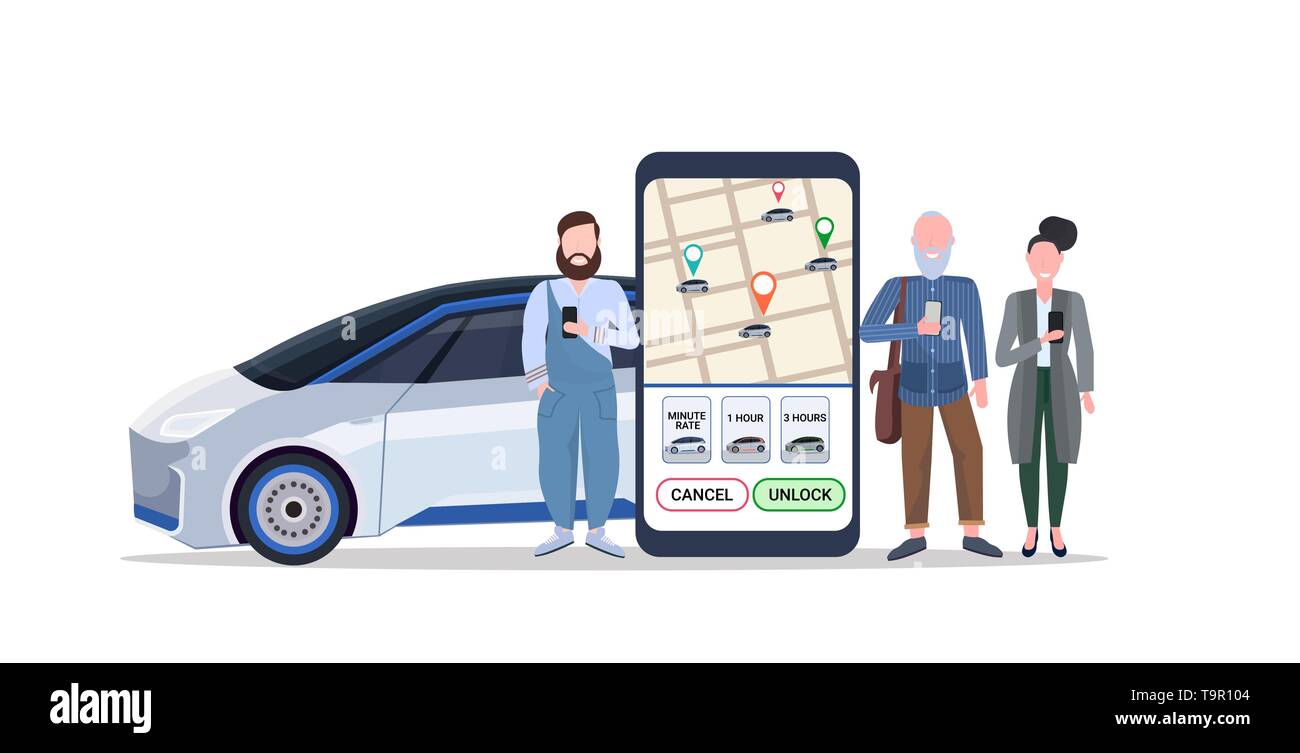 Menschen mit mobilen App Bildschirm des Smartphones mit GPS-Karte bestellen Taxi car sharing Konzept Transport Carsharing Service Applikation horizontal volle Stock Vektor
