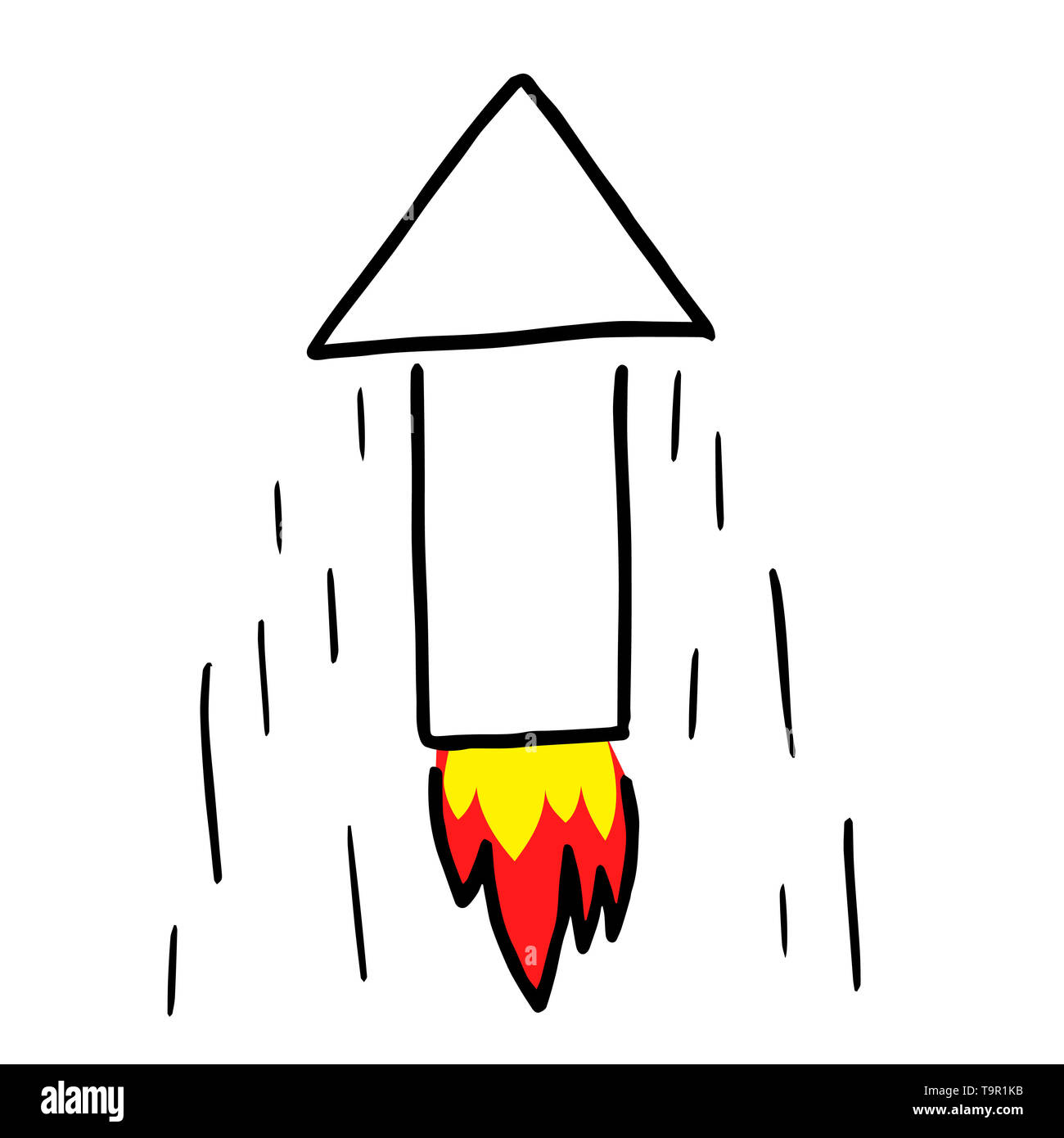 Skizze eines Pfeils Rakete, die sehr hoch fliegt. Hand Zeichnung in kindlichen Stil. Stockfoto
