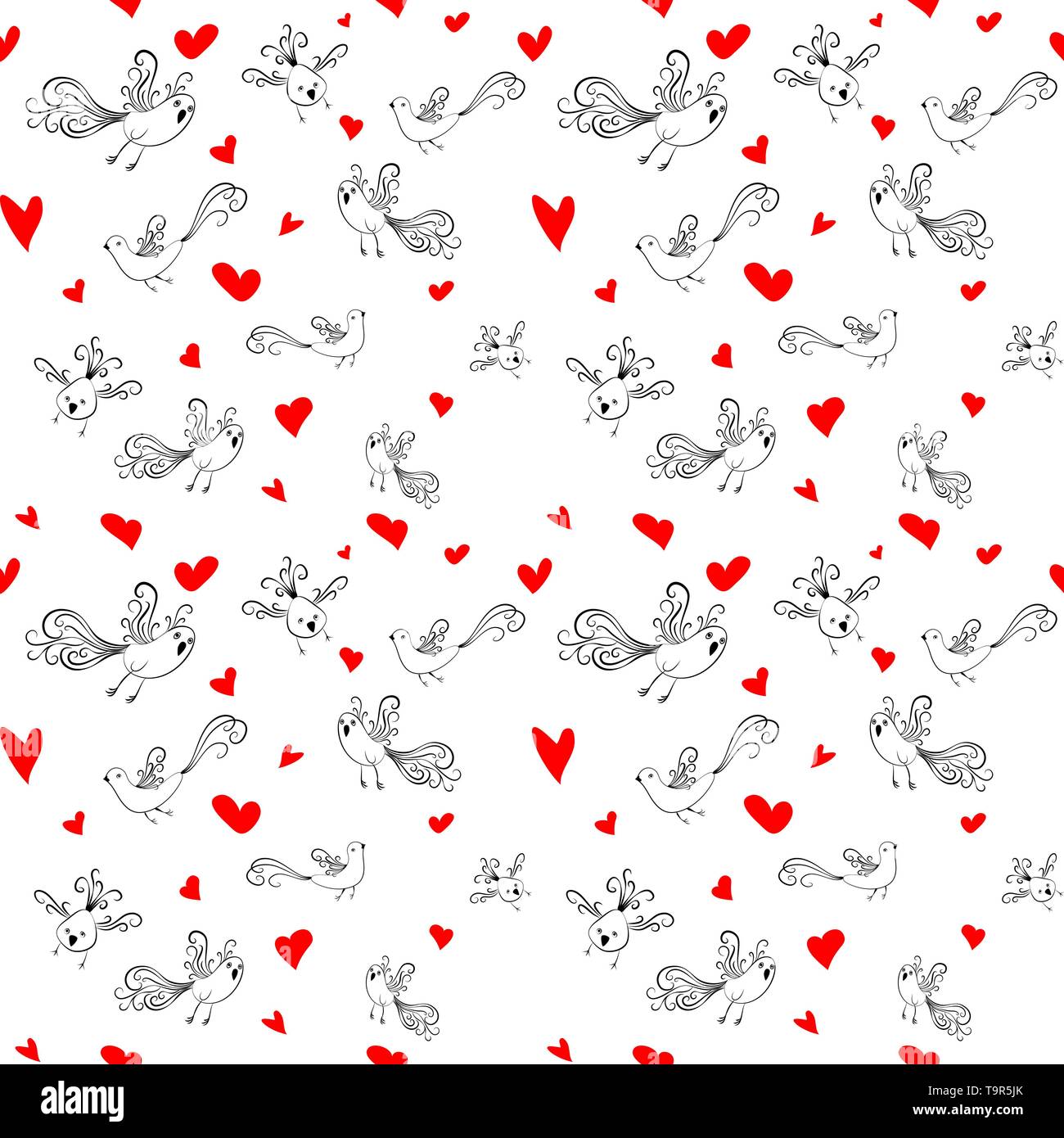 Vektor nahtlose Muster mit Vögeln und Herzen. Stock Vektor