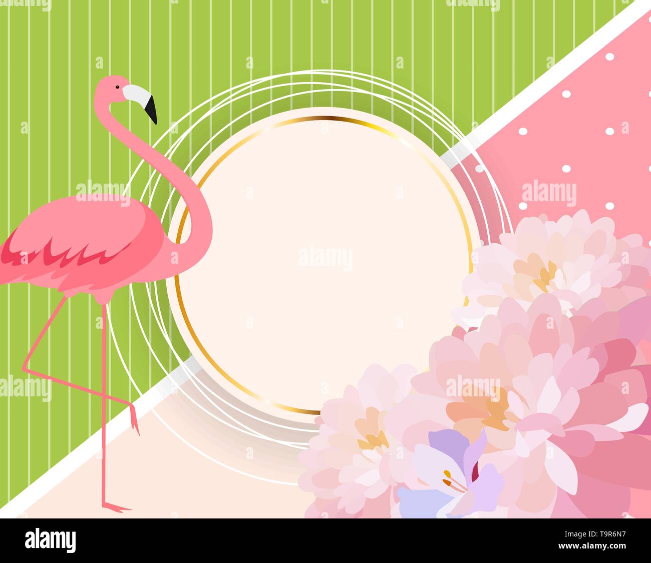 Bunte Karte Vorlage mit Cartoon rosa Flamingo und Blumen. Vector Illustration. EPS 10. Stock Vektor