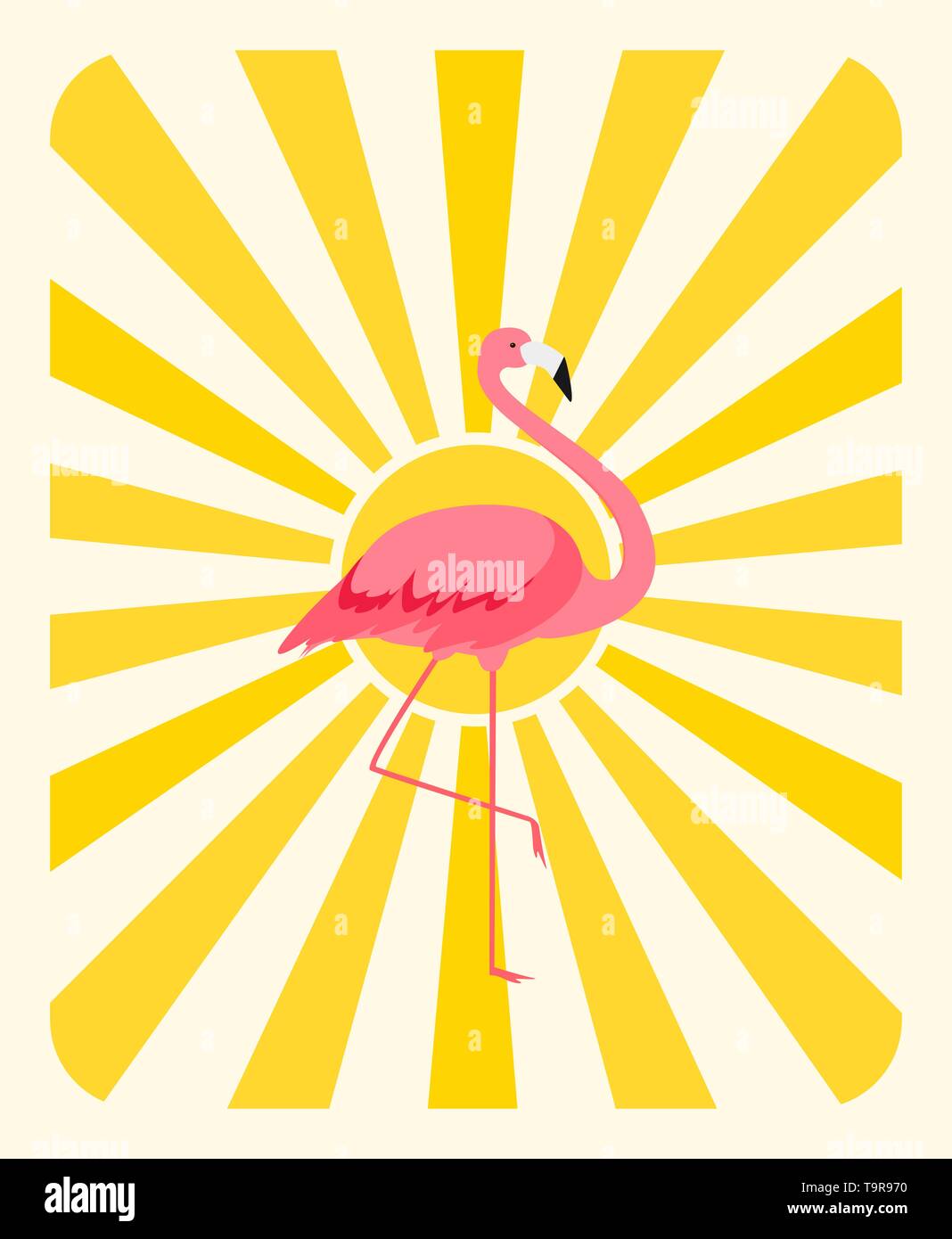 Natürliche sonnige Hintergrund mit farbenfrohen Cartoon rosa Flamingo steht auf einem Bein Vector Illustration Stock Vektor