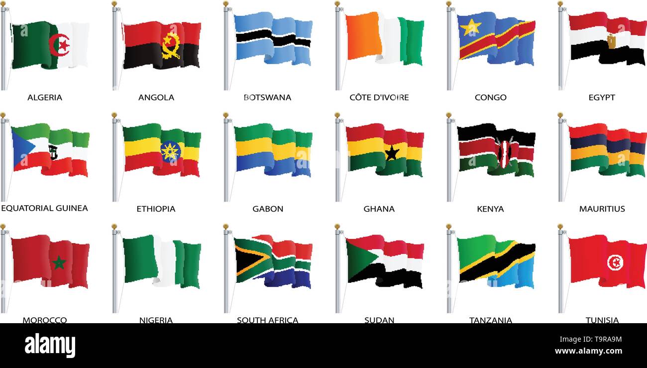 Wehende Flagge Symbol, Fahnen von Afrika Länder alphabetisch sortiert. Vector Illustration. Stock Vektor