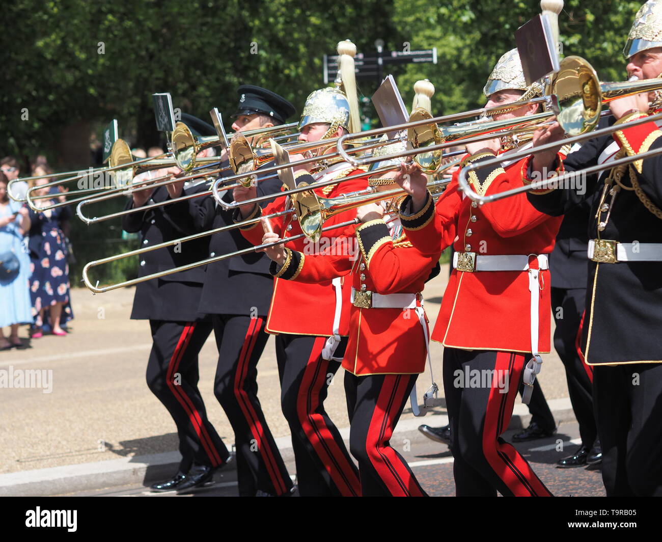 London, UK, 12. Mai 2019: Kavallerie British Army Band spielen, nachdem 94. jährliche Parade der Kombinierten Kavallerie alten Genossen. Stockfoto