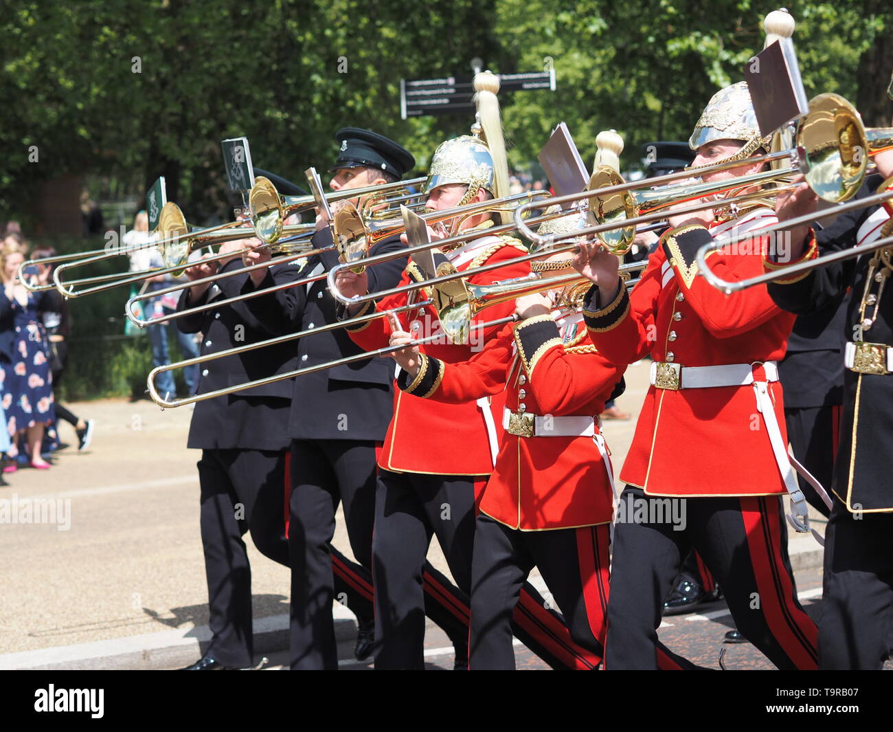 London, UK, 12. Mai 2019: Kavallerie British Army Band spielen, nachdem 94. jährliche Parade der Kombinierten Kavallerie alten Genossen. Stockfoto