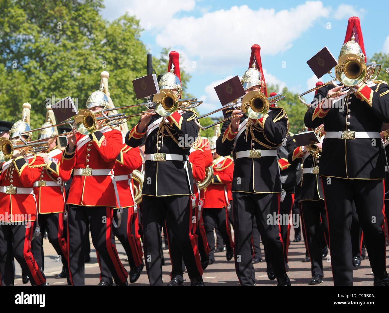 London, UK, 12. Mai 2019: Kavallerie British Army Band spielen, nachdem 94. jährliche Parade der Kombinierten Kavallerie alten Genossen. Stockfoto