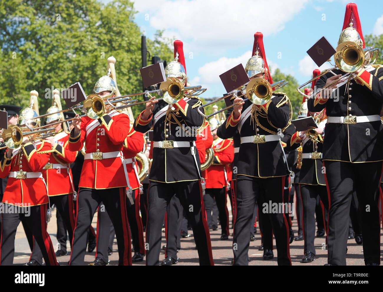 London, UK, 12. Mai 2019: Kavallerie British Army Band spielen, nachdem 94. jährliche Parade der Kombinierten Kavallerie alten Genossen. Stockfoto