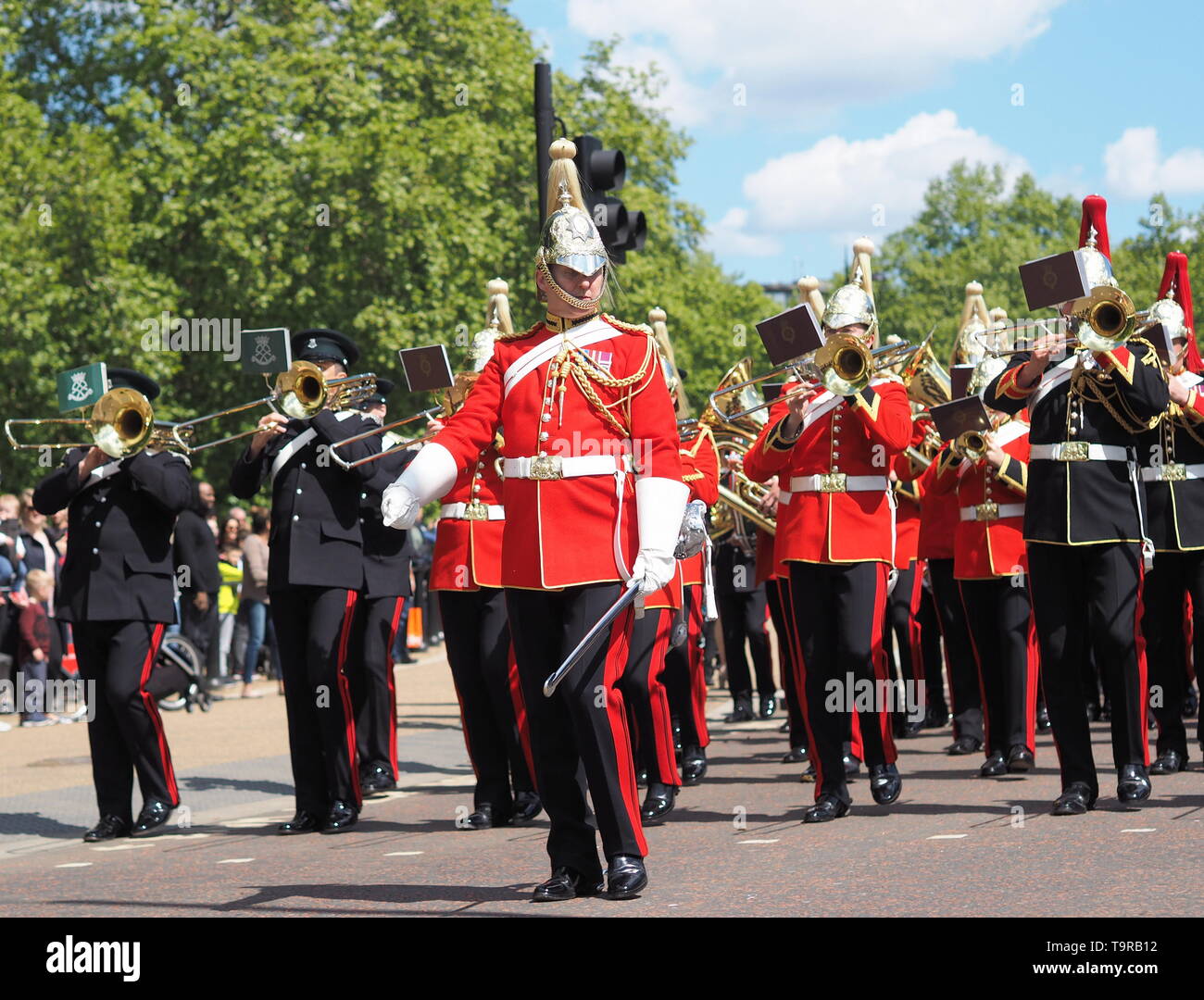 London, UK, 12. Mai 2019: Kavallerie British Army Band spielen, nachdem 94. jährliche Parade der Kombinierten Kavallerie alten Genossen. Stockfoto