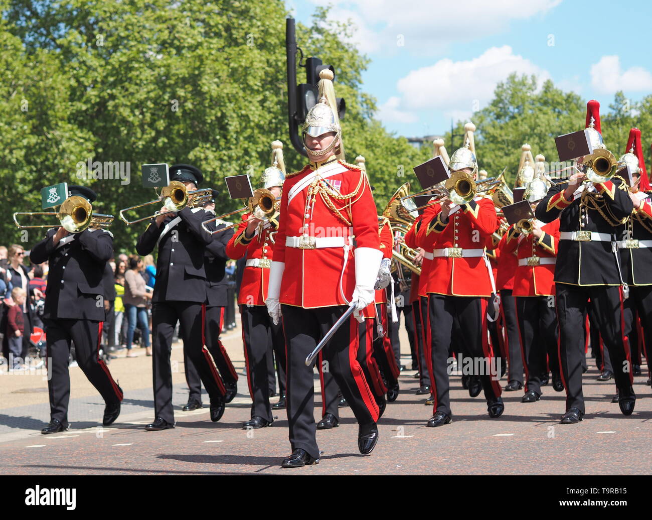 London, UK, 12. Mai 2019: Kavallerie British Army Band spielen, nachdem 94. jährliche Parade der Kombinierten Kavallerie alten Genossen. Stockfoto