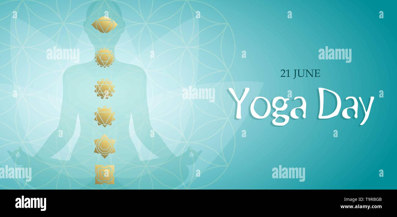 Yoga Tag Grußkarte Illustration für meditationsübung Konzept mit person Silhouette im Lotussitz und Gold chakra Symbole. Stock Vektor