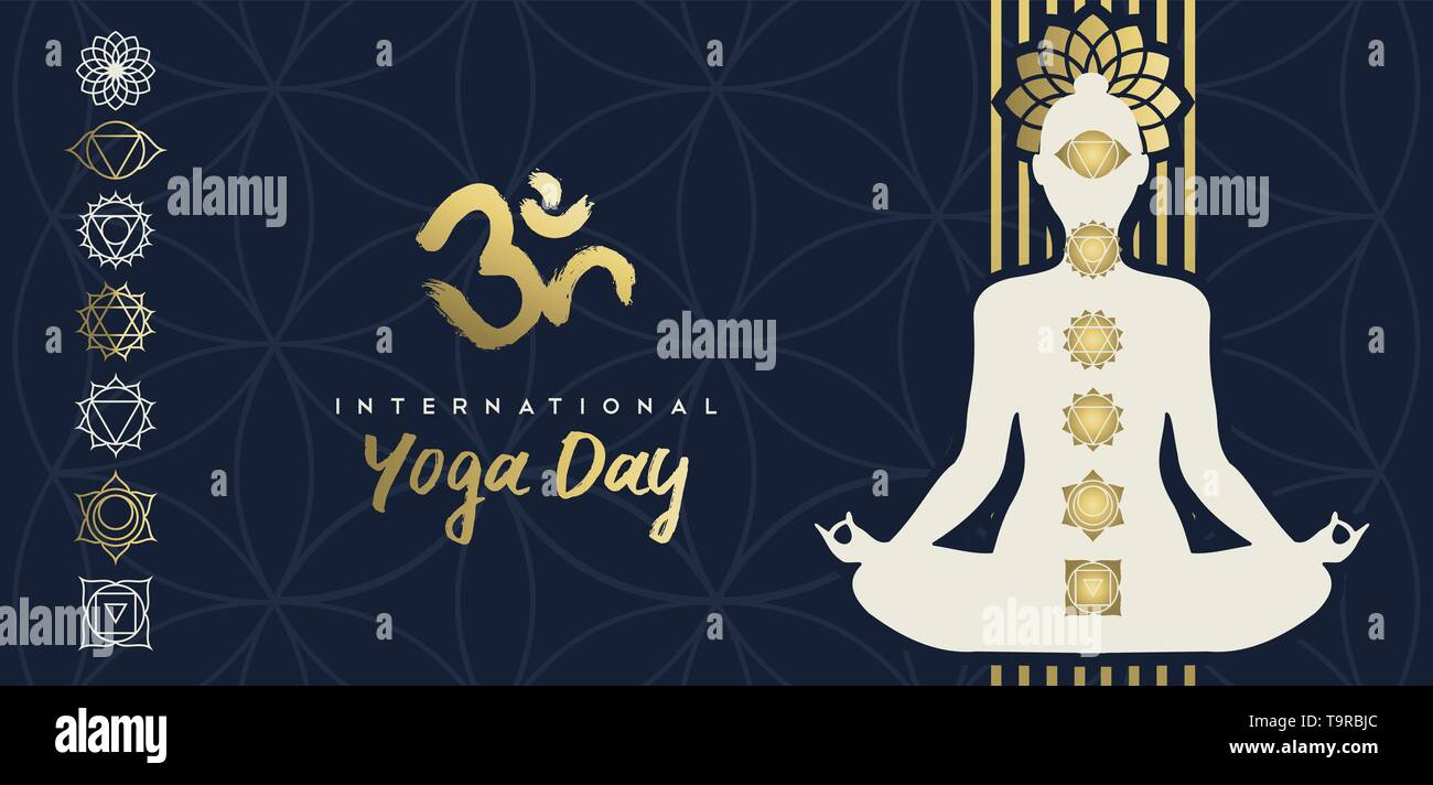 Yoga Tag banner Abbildung: Gold person Silhouette im Lotussitz mit Blume und chakra Symbole. Stock Vektor