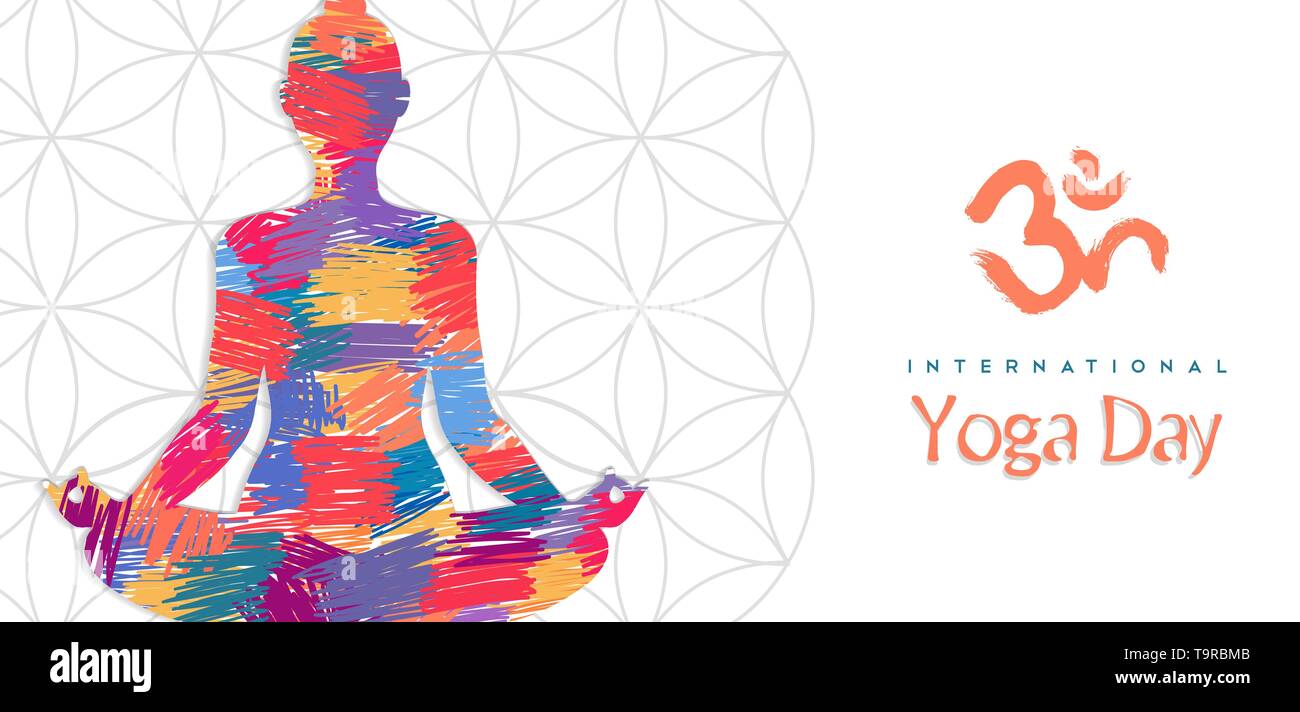 Internationale Yoga Tag banner Abbildung: Frau Lotus tun Pose in farbenfrohe abstrakte Kunst Textur. Stock Vektor