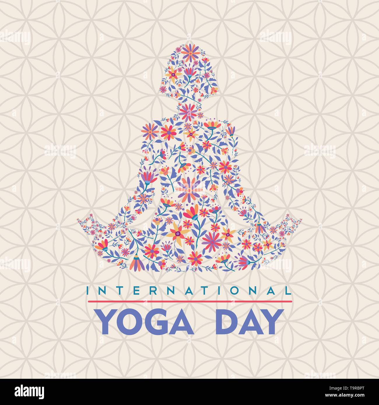 Yoga tag Grußkarte Abbildung. Frau tun Lotussitz Meditation aus bunten daisy flowers. Stock Vektor