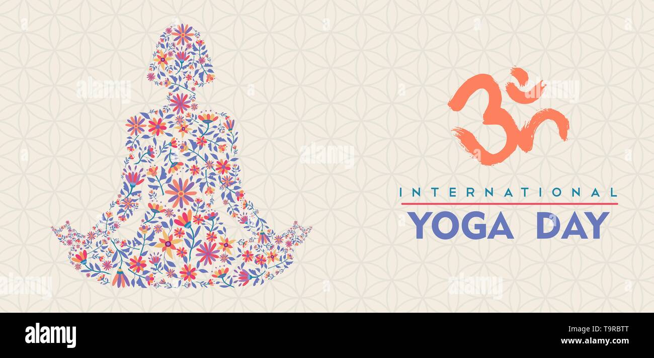Yoga tag Banner Abbildung. Frau tun Lotussitz Meditation aus bunten daisy flowers. Stock Vektor