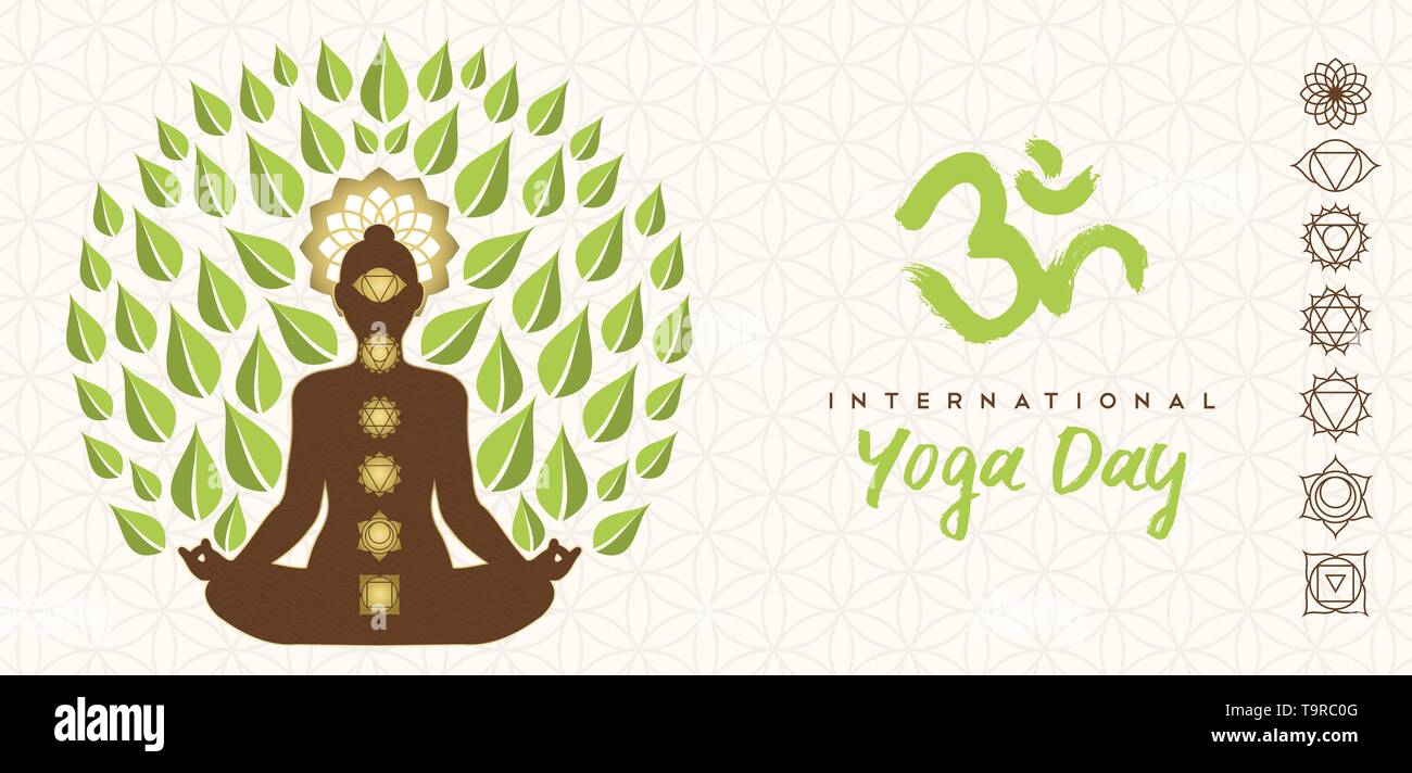 Internationale Yoga Tag banner Abbildung: lotussitz Silhouette, chakra Symbole und Blätter für Natur-Konzept. Stock Vektor