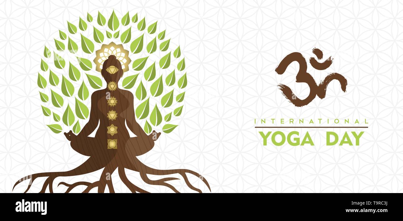 Internationale Yoga Tag Grußkarte Abbildung: lotus Tree darstellen. Natürliche Energie für Meditation Konzept. Stock Vektor