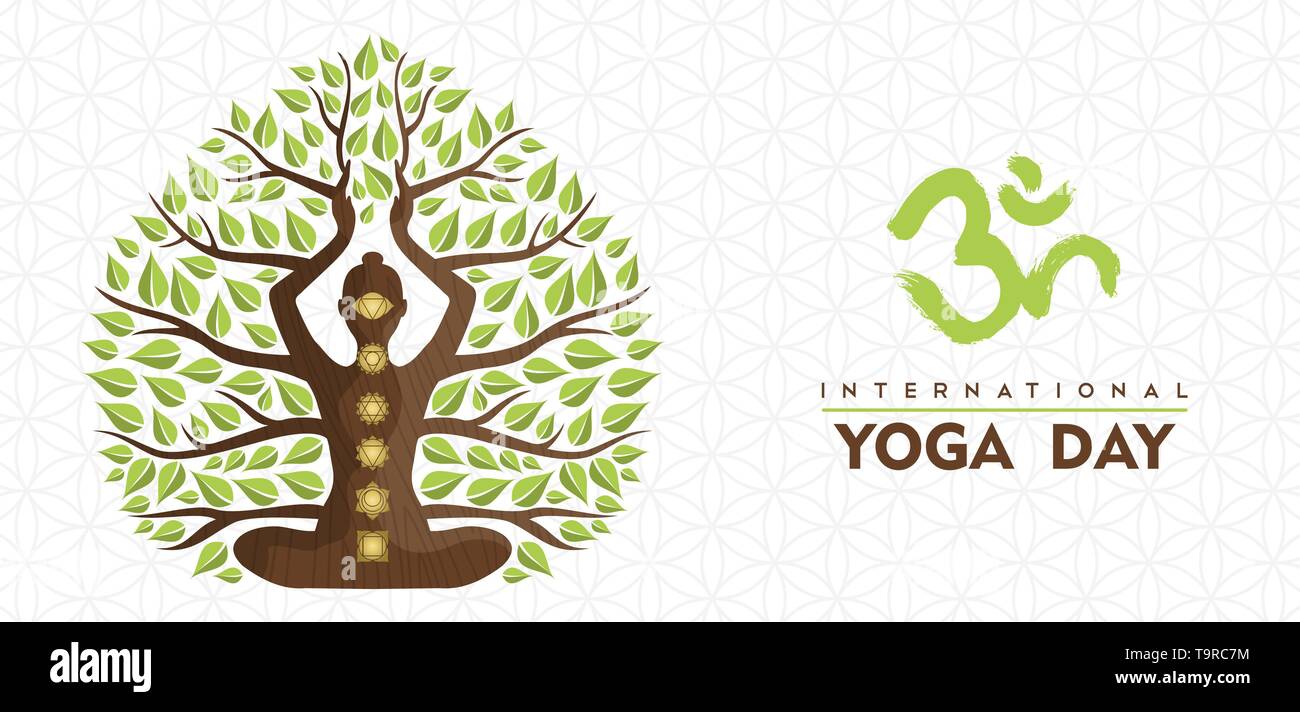 Internationale Yoga Tag banner Abbildung: Frau Silhouette, chakra Symbole und Blätter für Natur-Konzept. Stock Vektor