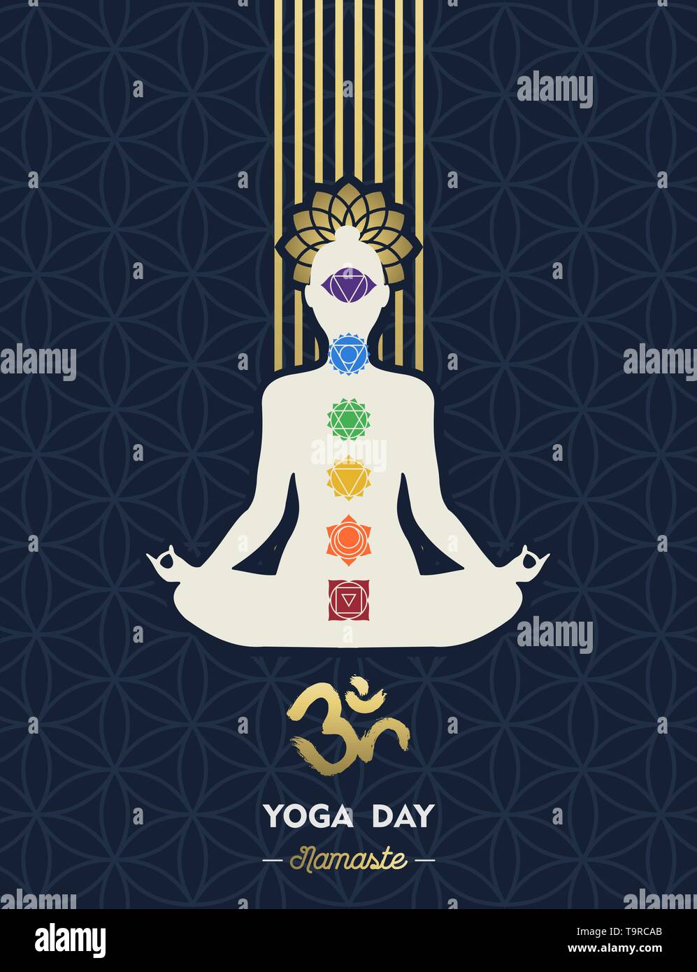 Yoga Tag Illustration für spezielle Meditation Urlaub. Frau Lotus tun Pose mit chakra Symbole und Om Symbol. Stock Vektor