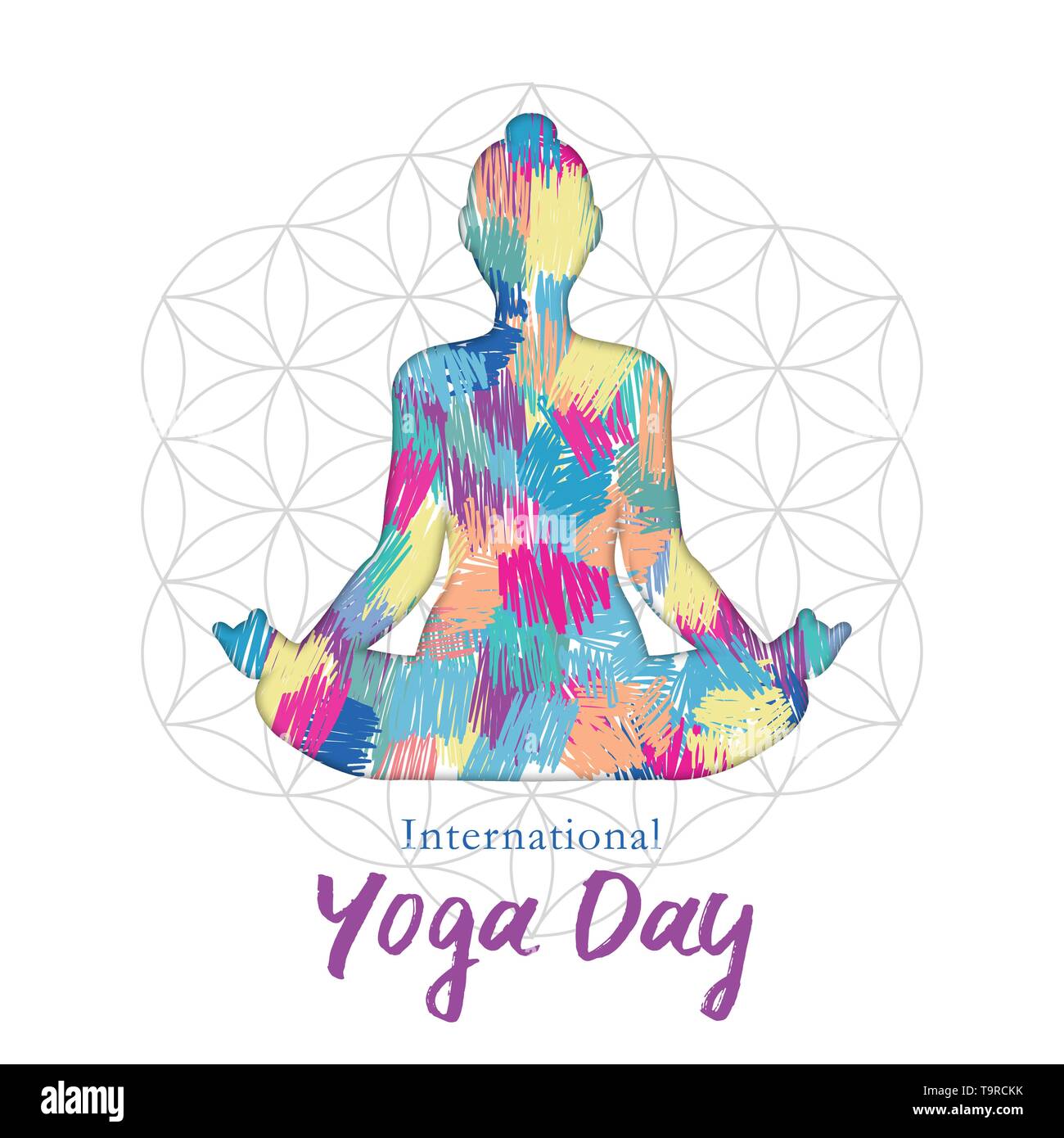Internationale Yoga Tag Grußkarte Abbildung: Frau Lotus tun Pose in farbenfrohe abstrakte Kunst Textur. Stock Vektor