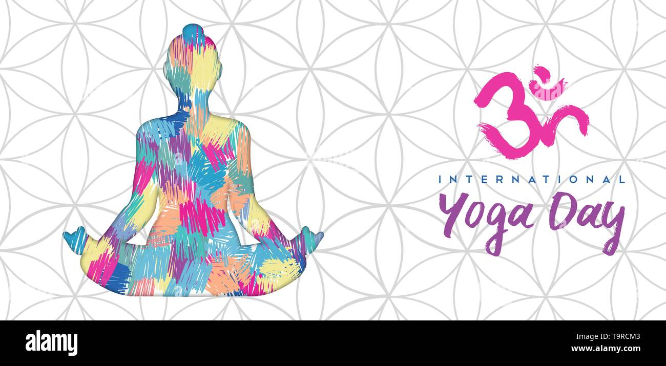 Internationale Yoga Tag banner Abbildung: Frau Lotus tun Pose in farbenfrohe abstrakte Kunst Textur. Stock Vektor
