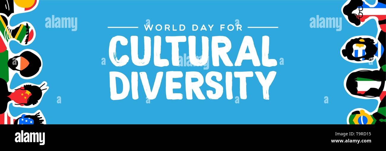 Kulturelle Vielfalt Tag Web Banner Abbildung. Soziale Gruppe mit diversen internationalen Flaggen. Schließt Menschen aus Asien, Amerika, Europa und Stock Vektor