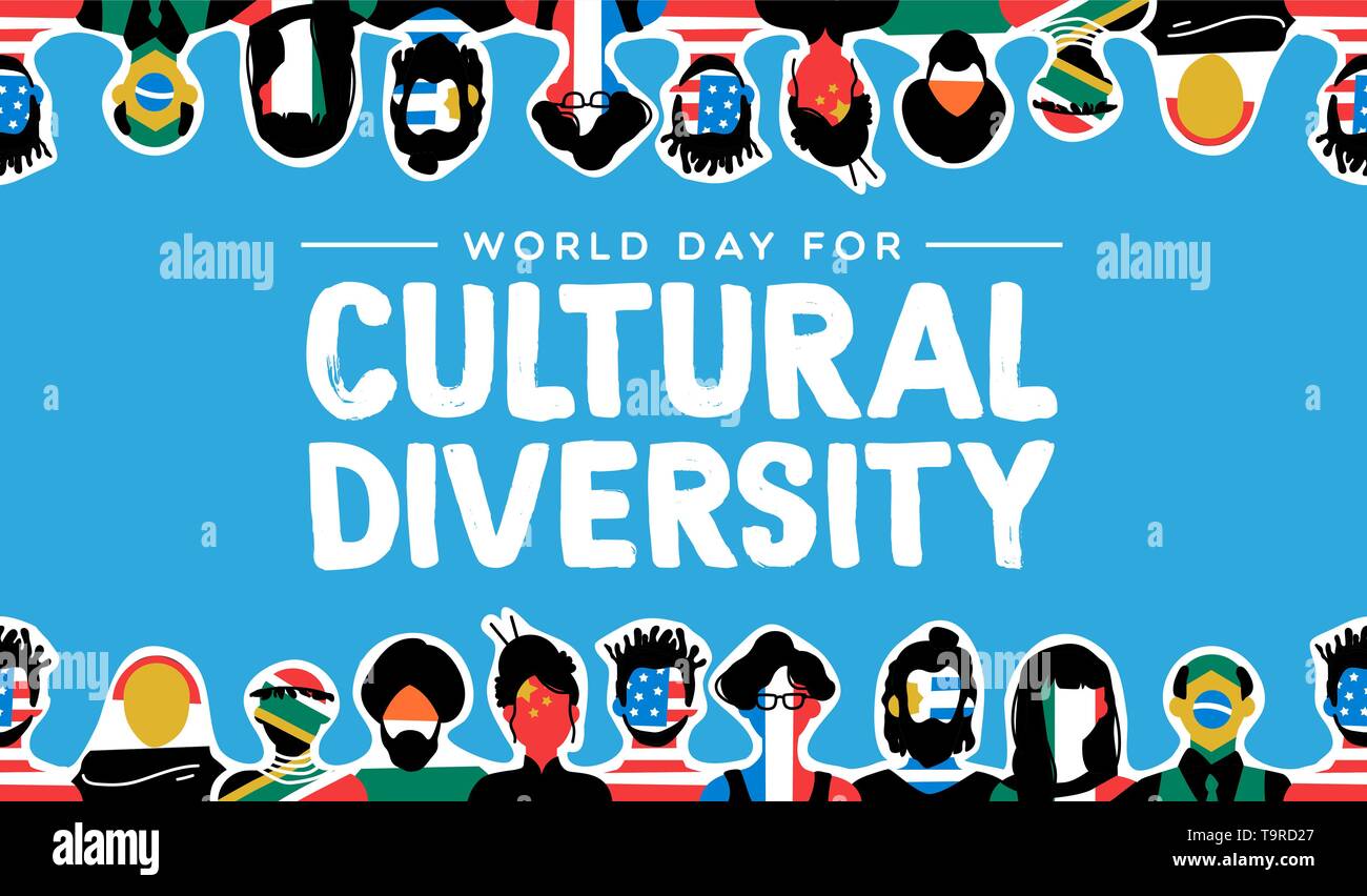 Kulturelle Vielfalt Tag Grußkarte Abbildung. Soziale Gruppe mit diversen internationalen Flaggen. Schließt Menschen aus Asien, Amerika, Europa eine Stock Vektor