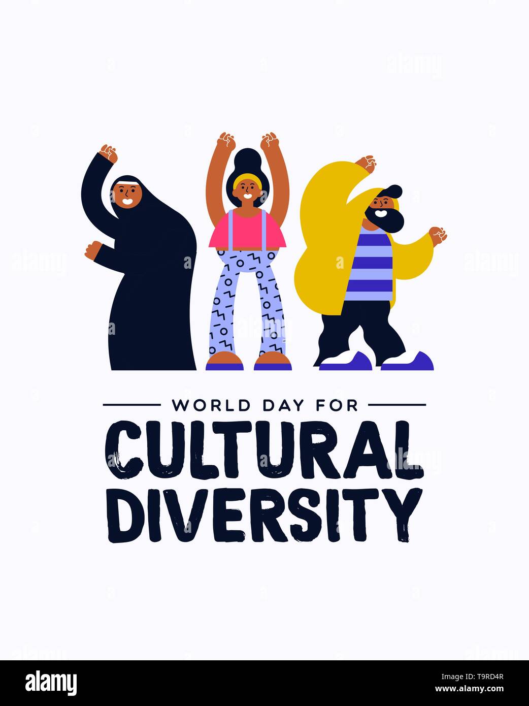 Kulturelle Vielfalt Tag Grußkarte Abbildung. Glücklicher Freund Gruppe in einem farbenfrohen, modernen Stil mit einer muslimischen Frau für vielfältige Gemeinschaft Konzept. Stock Vektor