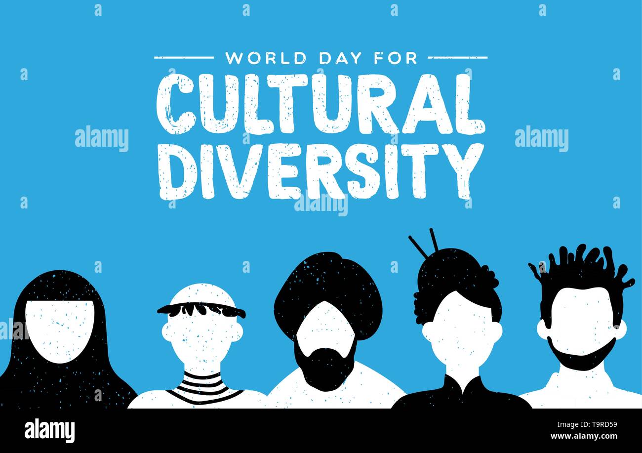 Kulturelle Vielfalt Tag Grußkarte Abbildung. Vielfältige soziale Gruppe der Menschen mit afrikanischen, asiatischen und amerikanischen Kulturen. Stock Vektor