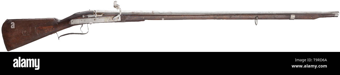 Eine militärische matchlock Gewehr, Suhl, ca. 1640 runde Zylinder mit glatter Bohrung 17 mm Kaliber. Oben Kammer später (?) Stempel Kreuz markiert und "IB". Die Abdeckung des seitlichen ersetzt Pan, schloss mit der Annahme Mark UL" und Master mark'S R'. Madige Buche lieferbar (außer auf der rechten Unterarm) mit einfachen Möbeln. Verschiedene alte Waffenkammer Briefmarken und Markierungen. Keine ramrod. Länge 151,5 cm. Über mark CF. Der neue Stöckel, nein. 4528, S. 1095, aufgezeichnet, wie um 1600. historischen, geschichtlichen, Waffe, Waffen, Schusswaffen, Feuer arm, Schusswaffen, Waffen, Waffen, Waffen, Wea, Additional-Rights - Clearance-Info - Not-Available Stockfoto