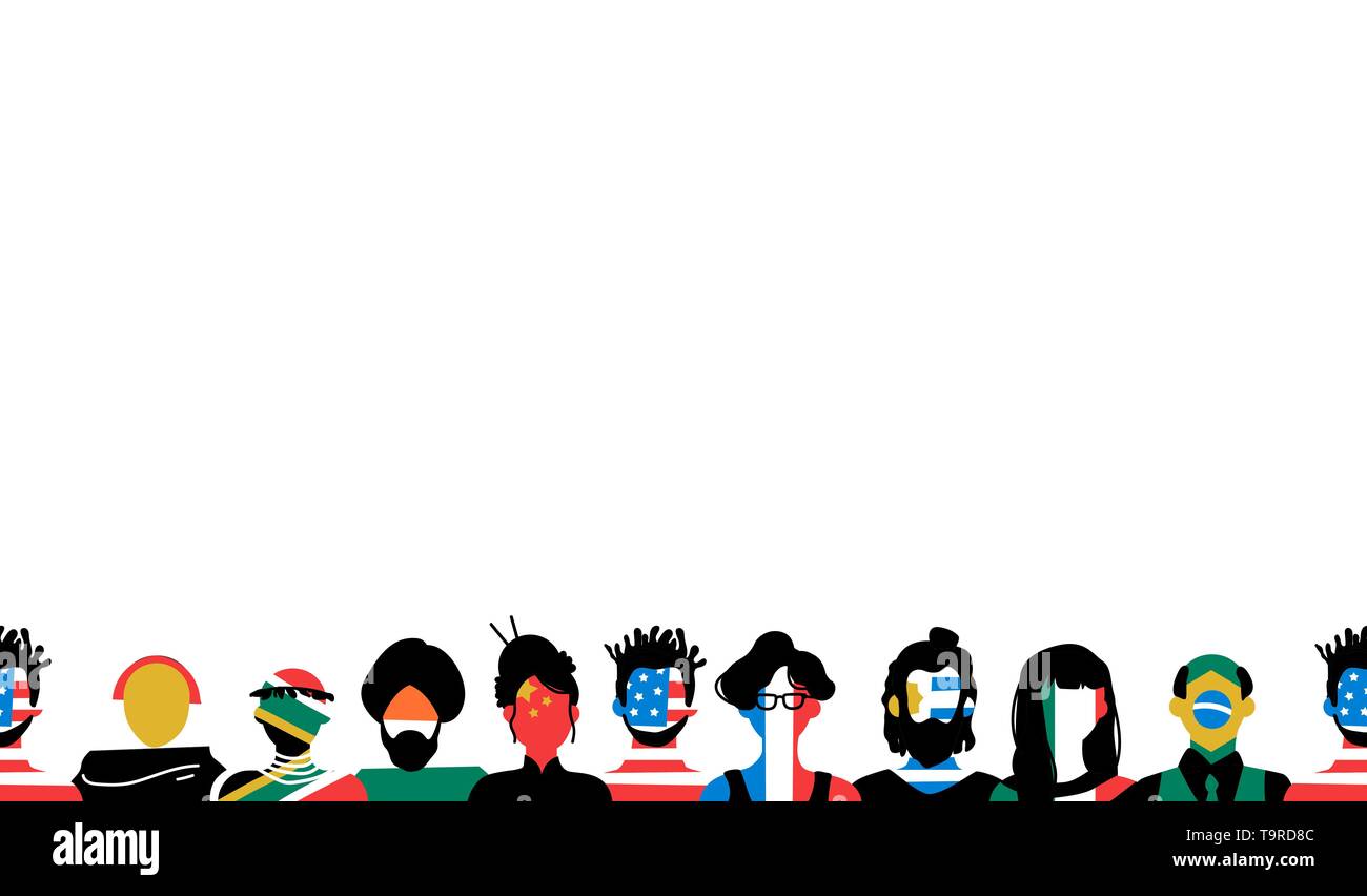 Die soziale Gruppe der Menschen mit Flaggen auf der Kopie Raum Hintergrund vielfältig. Mit europäischen, afrikanischen, asiatischen und amerikanischen Kulturen. Stock Vektor