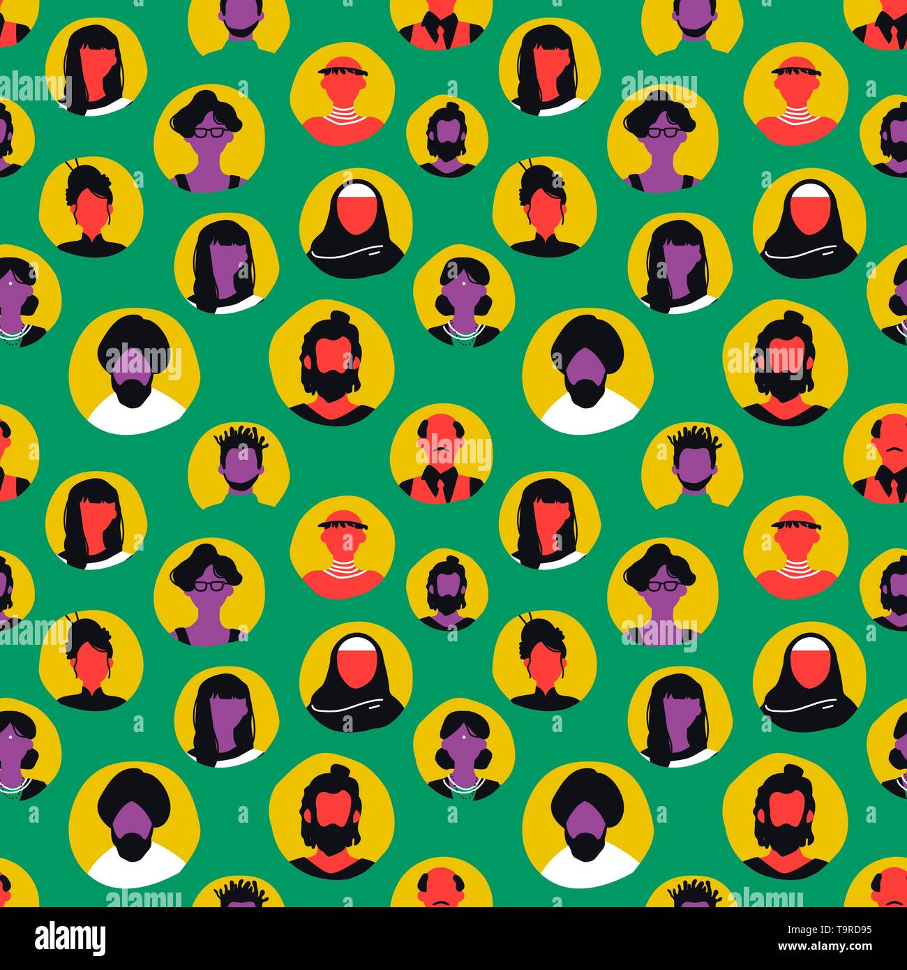 Menschen icons nahtlose Muster in bunten Retro Style. Diverse Mann und Frau avatar Hintergrund für die internationale Gemeinschaft oder Internet Kommunikation c Stock Vektor