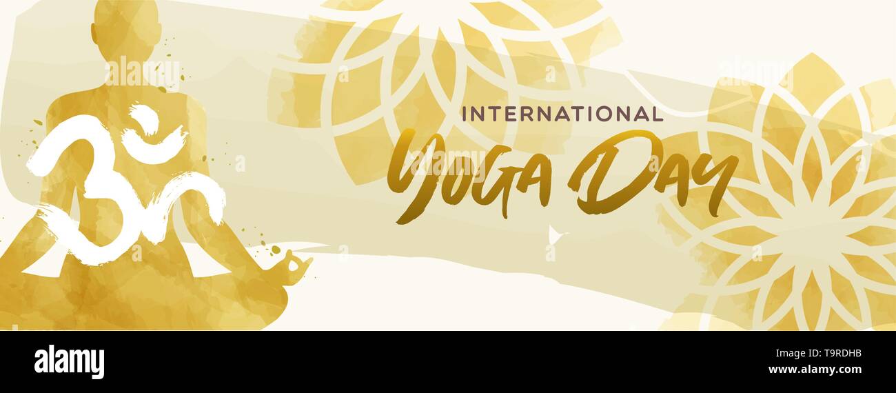 Internationale Yoga Tag Banner Abbildung. Aquarell Kunst von Frau lotus Tun darstellen Übung und floral background. Stock Vektor