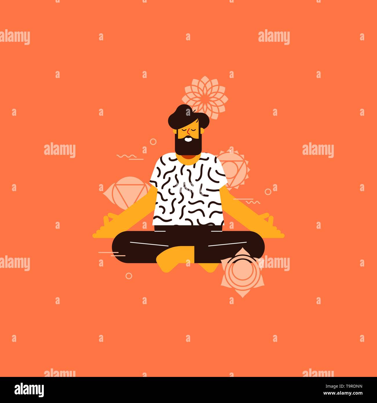 Junger Mann yoga Lotus pose Mit Chakra werden Symbole für Gesundheit und Fitness Concept. Stock Vektor