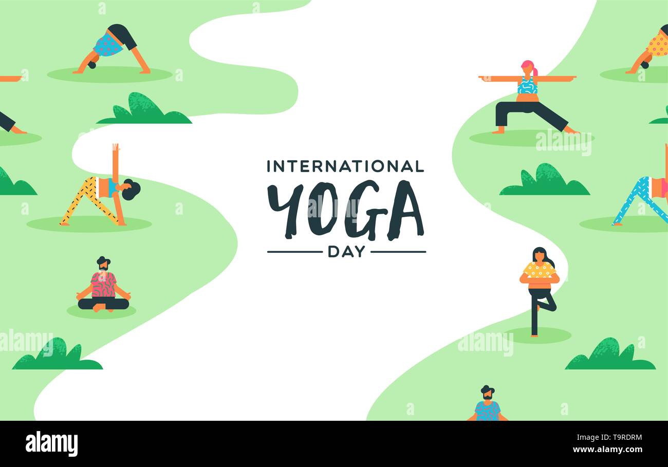 Internationale Yoga Tag Karte von diversen Leuten, die Übung in der outdoor Park. Stock Vektor