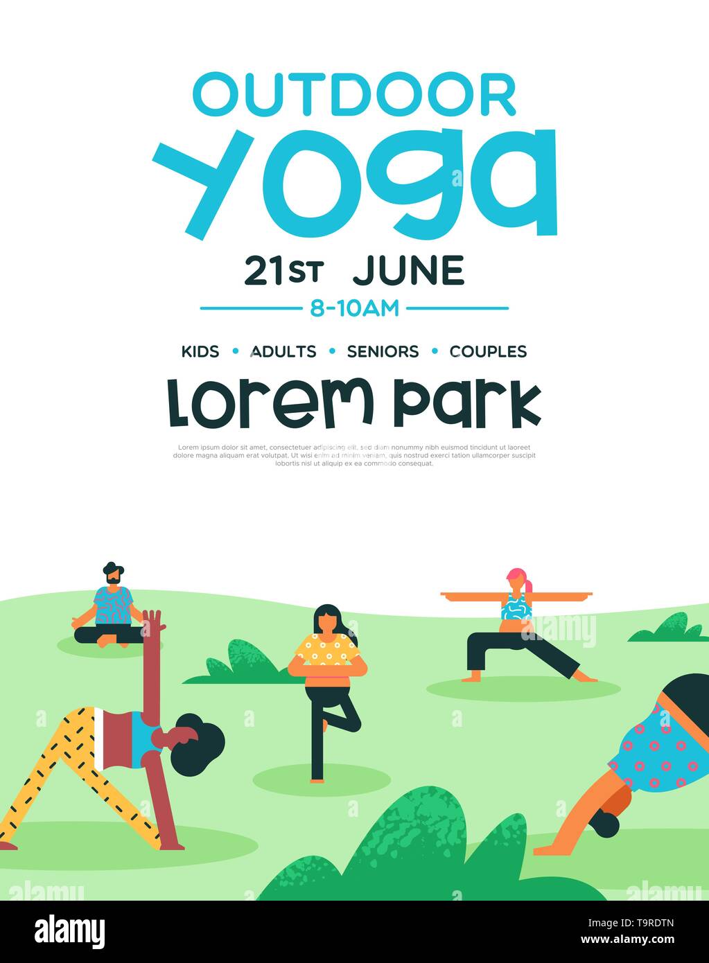 Outdoor yoga Flyer Vorlage für Gesundheit und Fitness Klasse oder eine besondere Veranstaltung. Menschen Gruppe Meditation im Park stellt. Stock Vektor
