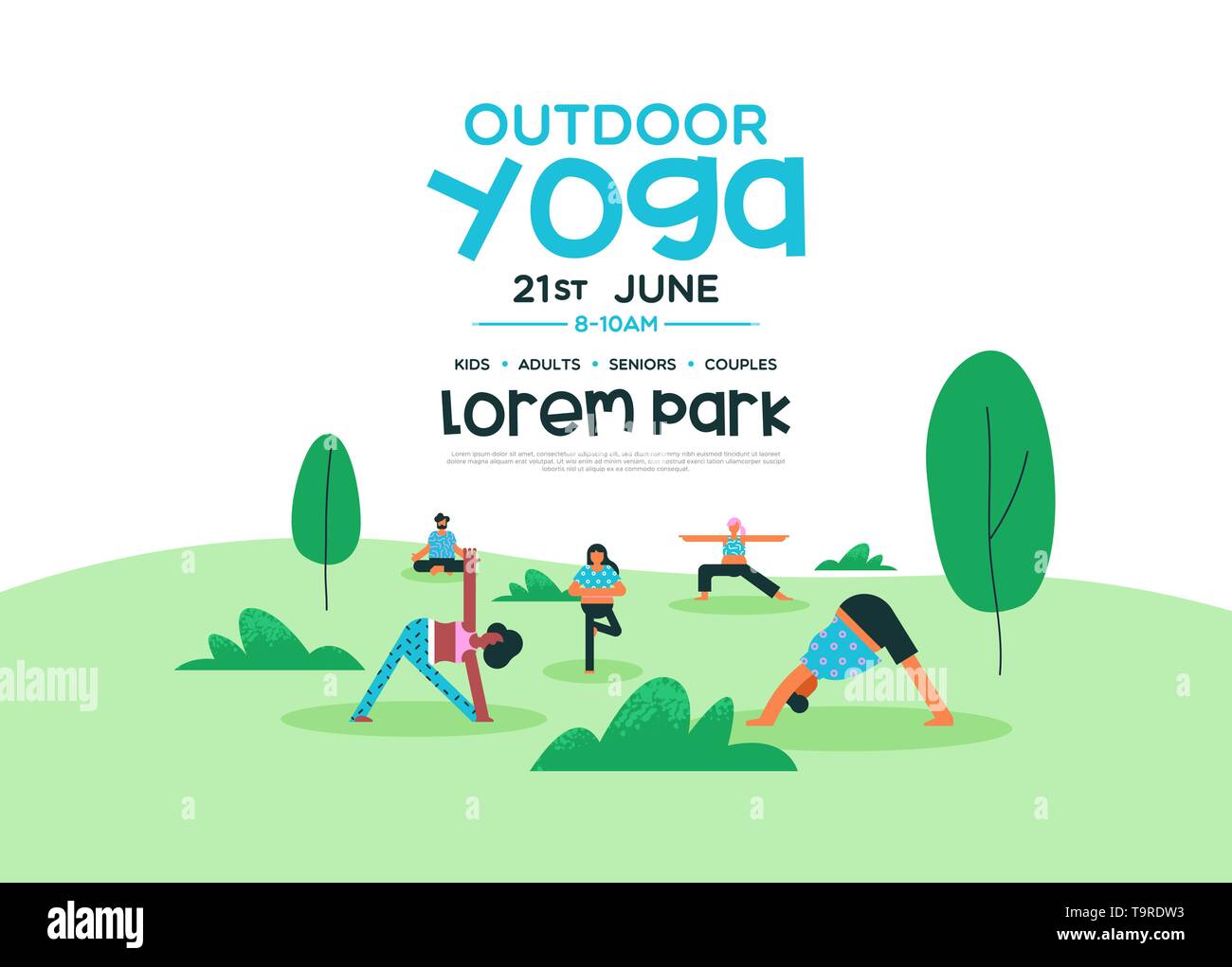 Outdoor yoga Flyer Vorlage für Gesundheit und Fitness Klasse oder eine besondere Veranstaltung. Menschen Gruppe Meditation im Park stellt. Stock Vektor