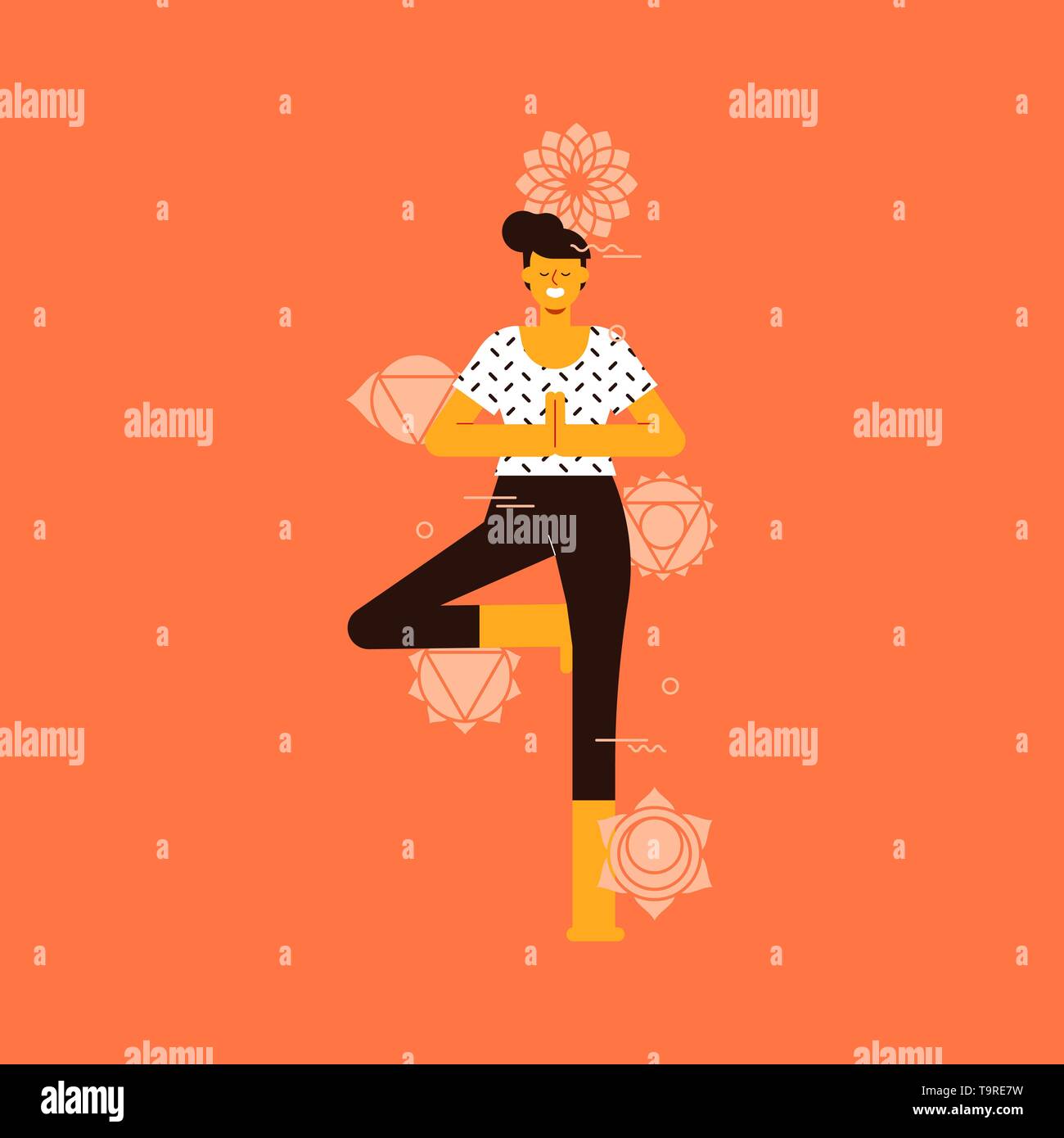 Junge Frau Yoga tree pose Mit Chakra werden Symbole für Gesundheit und Fitness Concept. Stock Vektor