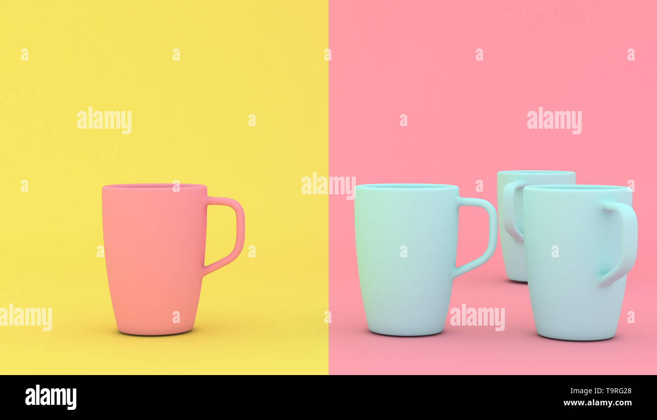 Stilisierte rosa und blau Tassen auf einen 2-farbigen Hintergrund. Spiel der Kontraste. 3D-Bild rendern Stockfoto