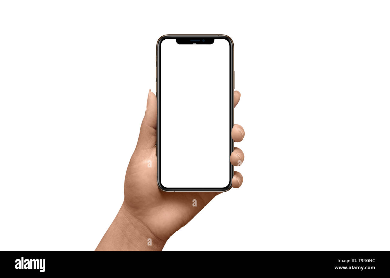 Moderne schwarze smart phone Mockup mit dünnen runden Kanten in der Frau die Hand. Isolierte Telefon und Hand. Stockfoto